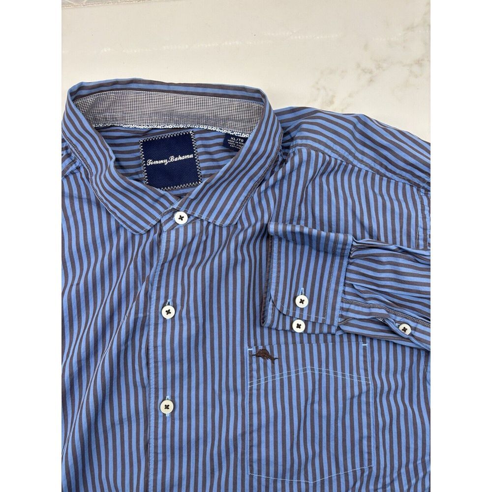 Tommy Bahama Long Sleeve Button Up Front Shirt Striped 100% Pima Cotton‎ Blue XL